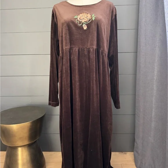 Vintage 90’s Shenanigans Brown Velveteen Baby Doll Dress Floral Embroidery - Picture 3 of 10